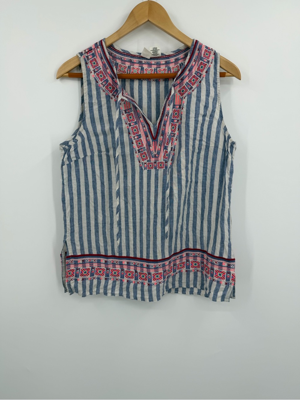 Artisan NY 100% Linen Striped Embroidered Sleeveless Top Blue White Small